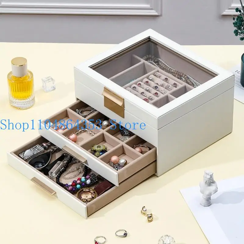 652F Multi Functional Jewelry Display Box Three Layers Clear Window PU Leather Construction Gold Hardware for Home Use
