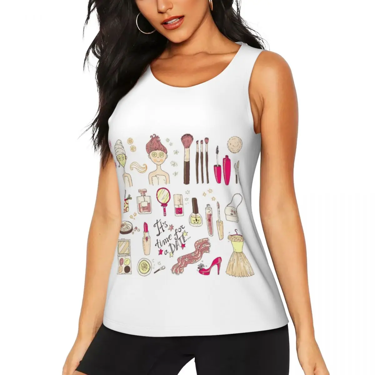 Custom Cartoon Girl Cosmetic Tools Nail Polish Yoga Tank Tops Women's Workout Gym Sports Shirts