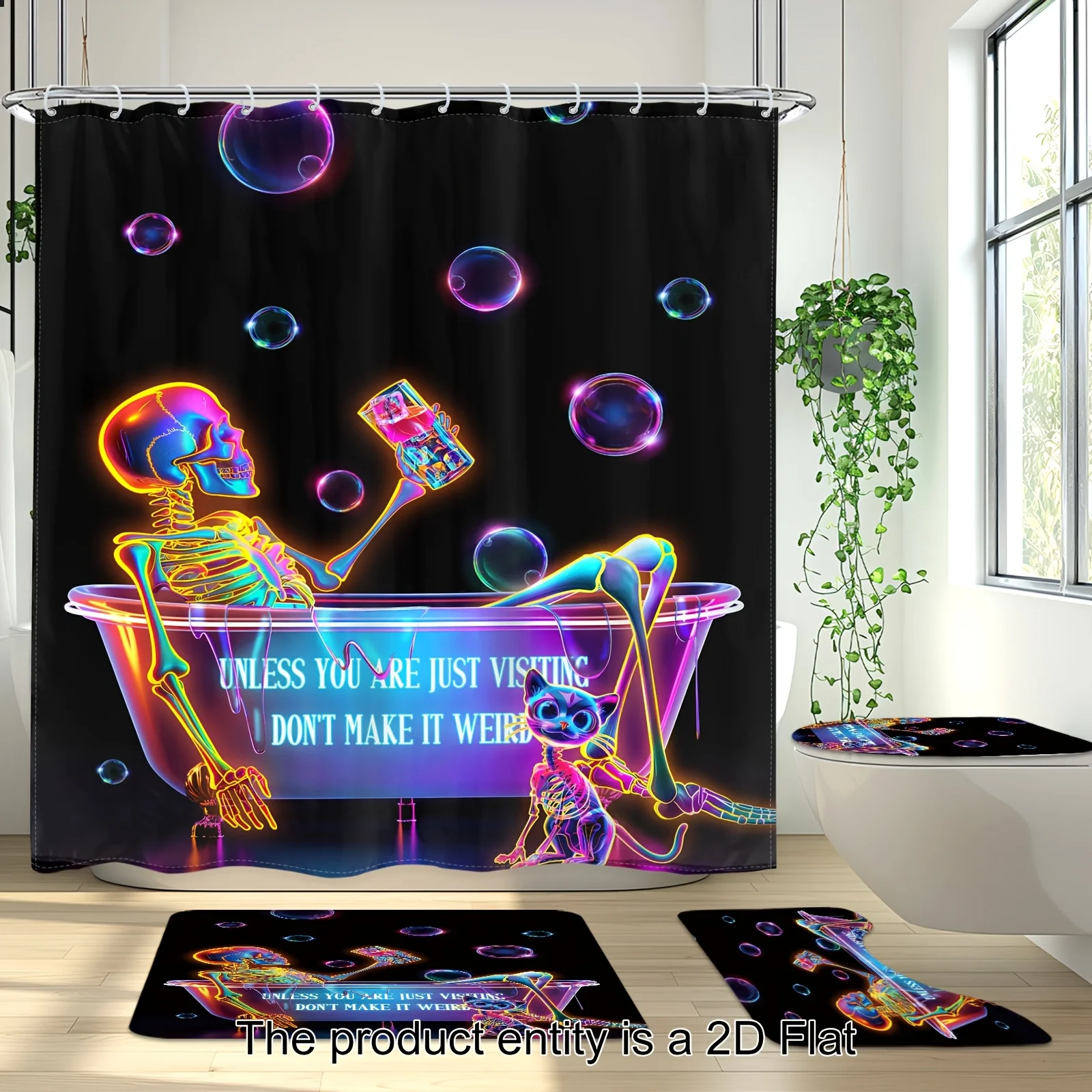 4pcs - 2D Flat Neon Funny Skull Shower Curtain Set, Bathroom Sets Full Set, Bath Decor And Accessories, Halloween Skeleton Gothic Unique In Bathtub Bubble Black Shower Curtain With 12 Hooks, Non-slip Bath, Toilet U-Shaped, Cover