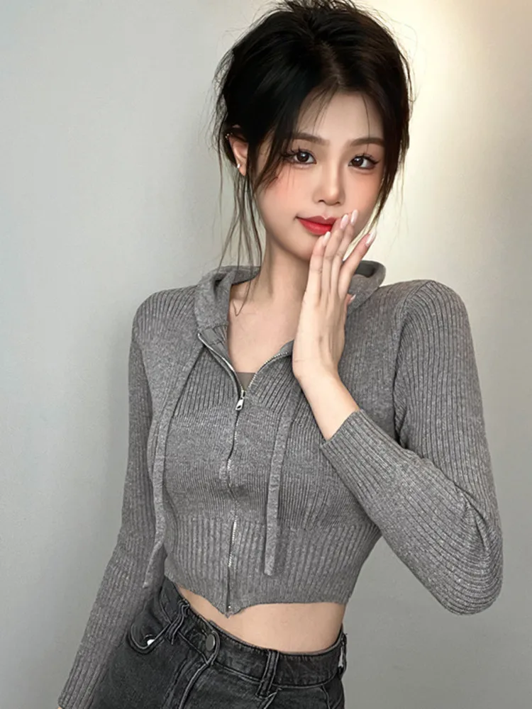 WOMENGAGA Korea Slim Sexy Short Long Sleeved Hooded Sweatshirt Top Female Fashion Sweet Tops Fashion 2023 Knitting Top P8GR