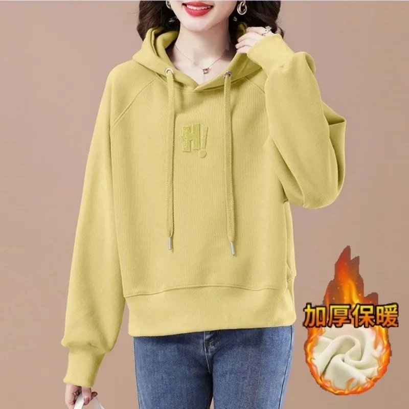 

Autumn Winter Cotton Hooded Sweatshirt Korean Loose Thickened Warm Hoodies Coat Women Casual Embroidered Short Pullover Tops 4XL