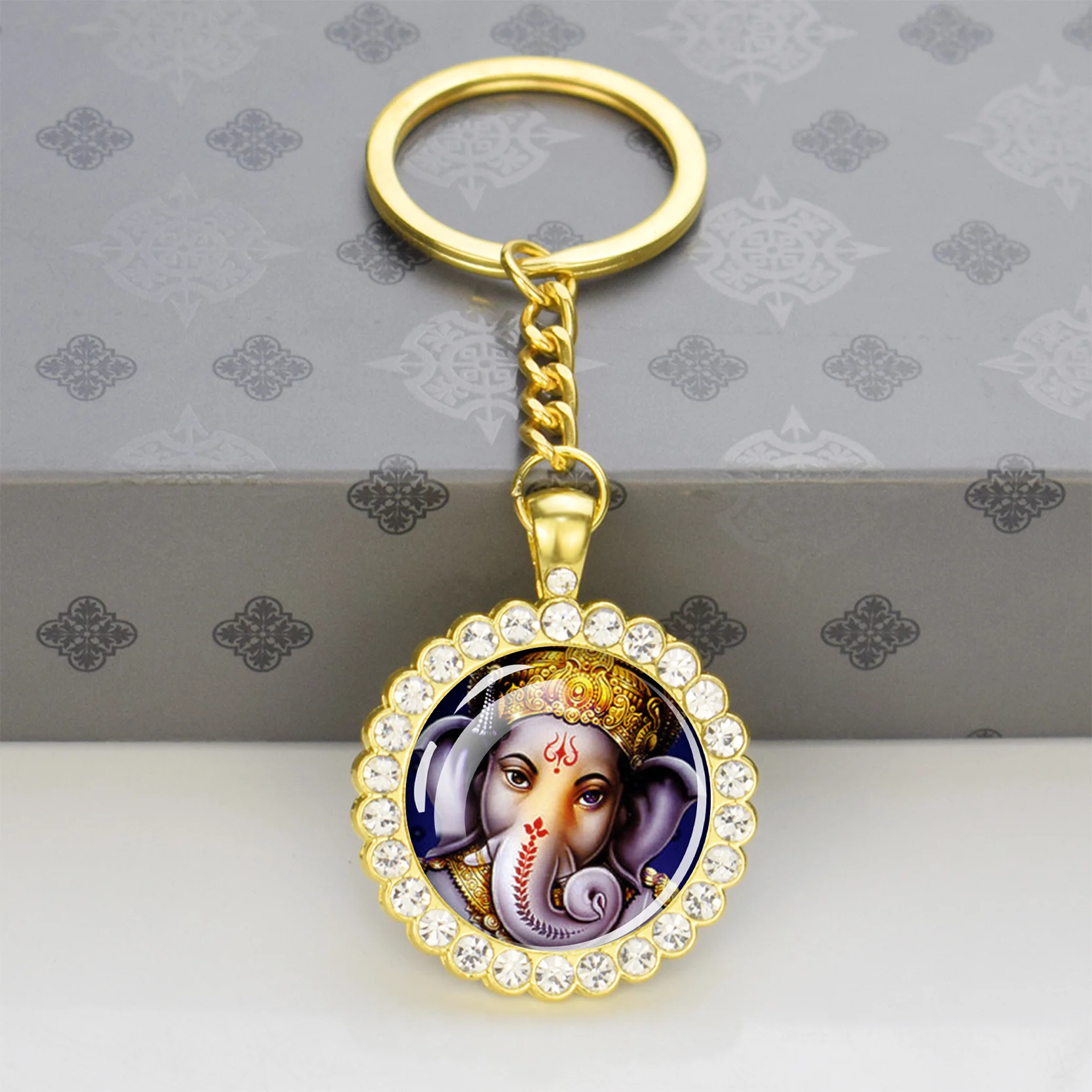 Ganesha Keychain Hinduism Buddhist Jewelry Rhinestone Pendant Amulet Keyring Men Women Fashion Indian Jewelry Keychains Gift