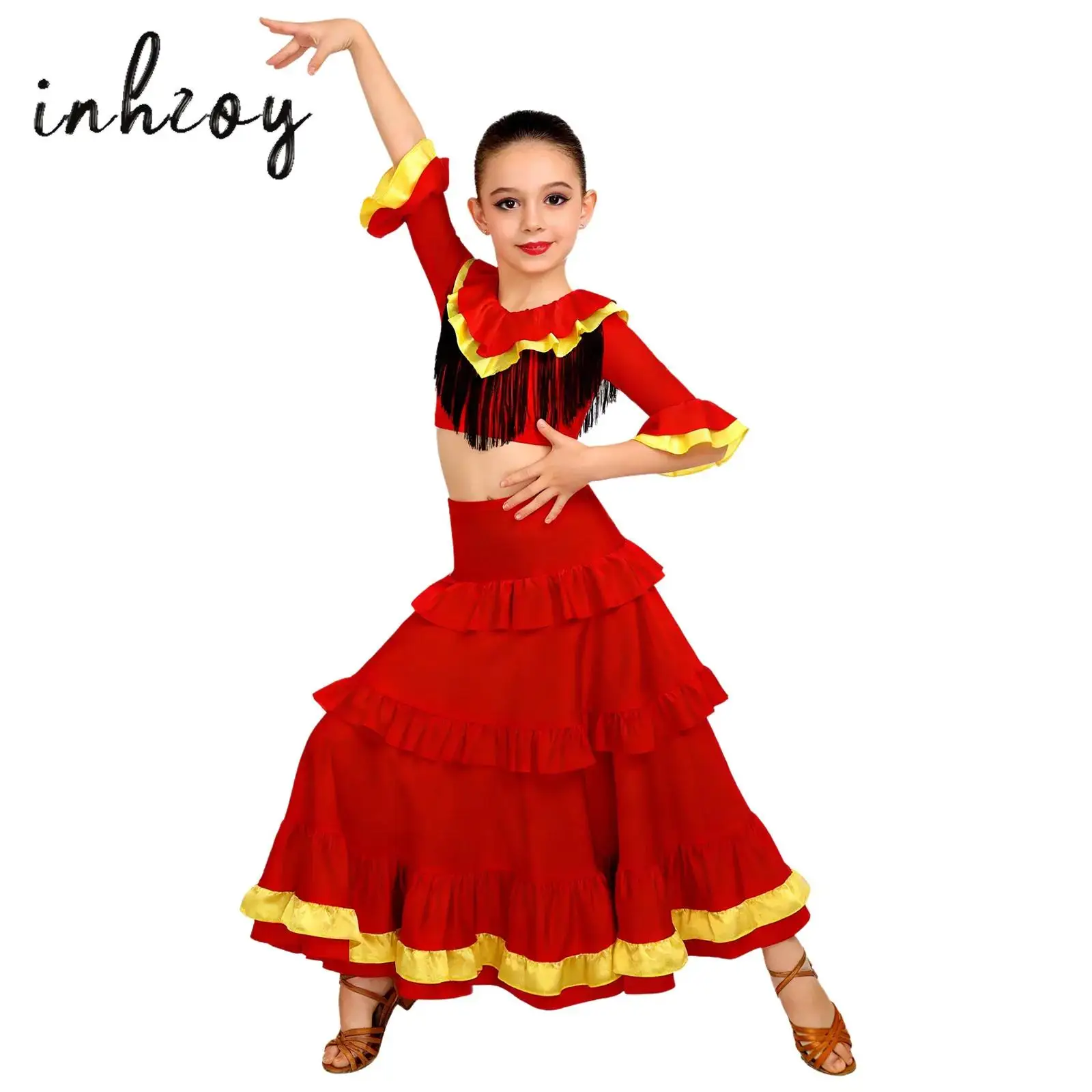 

Spanish Costume Set Girl Long Red Flamenco Dress Belly Dance Tassel Crop Top Ballroom Skirt for Girls Child Competition Clothes