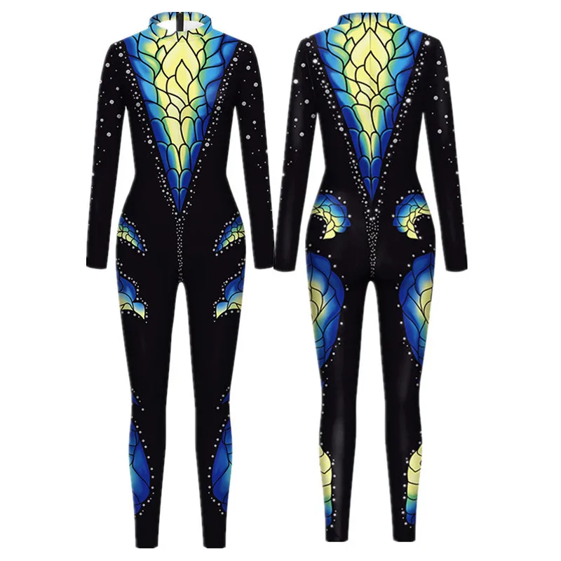 

Men Women Punk Future Robot Dragon Snake Skull 3D Print Bodysuit Adult Halloween Cosplay Costume Party Role Play Slim Jumpsuit