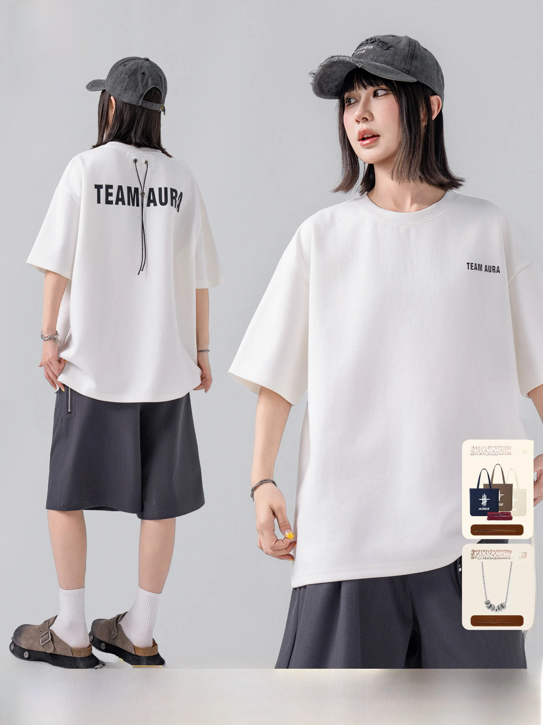Loose Fit Printed T-Shirt Men's Back Drawstring Design Short Sleeve Casual Top Unisex Summer Fashion High End Feeling Shirt