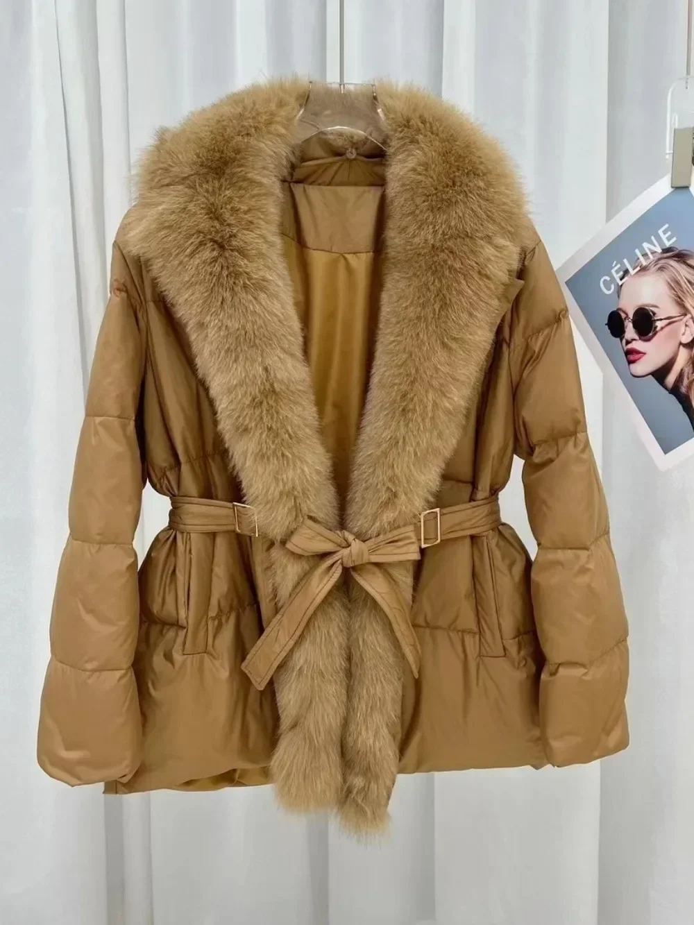 2024 Winter New Warm Natural Fox Fur Collar White Goose Down Jacket Women Parkas Slim Coat with Belt Outwear Female Luxury