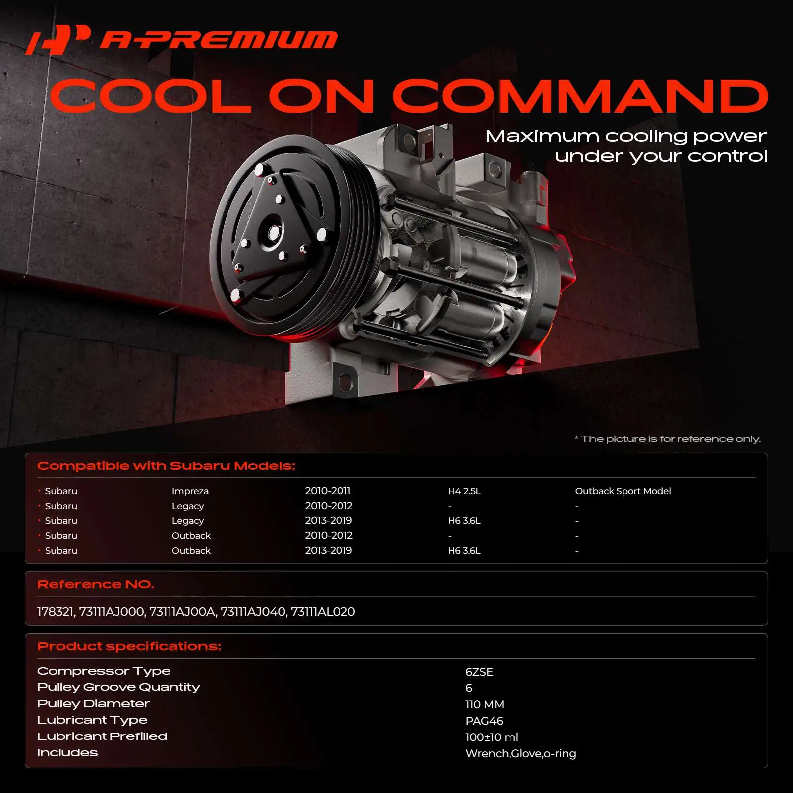 A-Premium AC Compressor with 6ZSE Compressor for Subaru Outback Legacy 2010-2019 Impreza 2010-2011