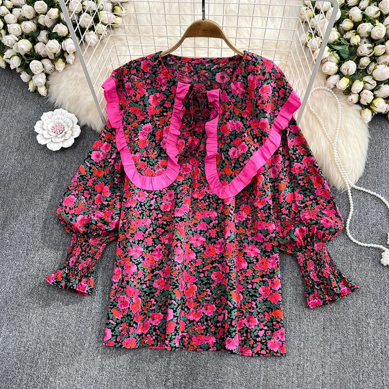 autumn 2023 Korean Version Sweet Ruffle Large Lapel Loose Long Sleeve Floral Shirt Women\'s Elegant retroTop Chic