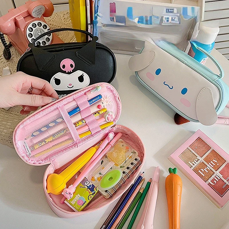 New Sanrio Kuromi Melody Large-capacity Portable PU Leather Stationery Box Student Cartoon Hello Kitty Storage Pencil Case