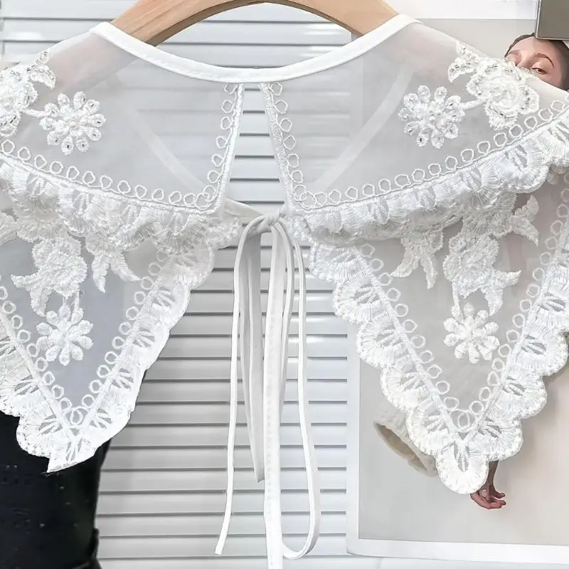 652F Women's Detachable False Collar Embroidery Flower Pearls Beaded Layering Shirt Dresses Decorative Collar Shawl Capelet