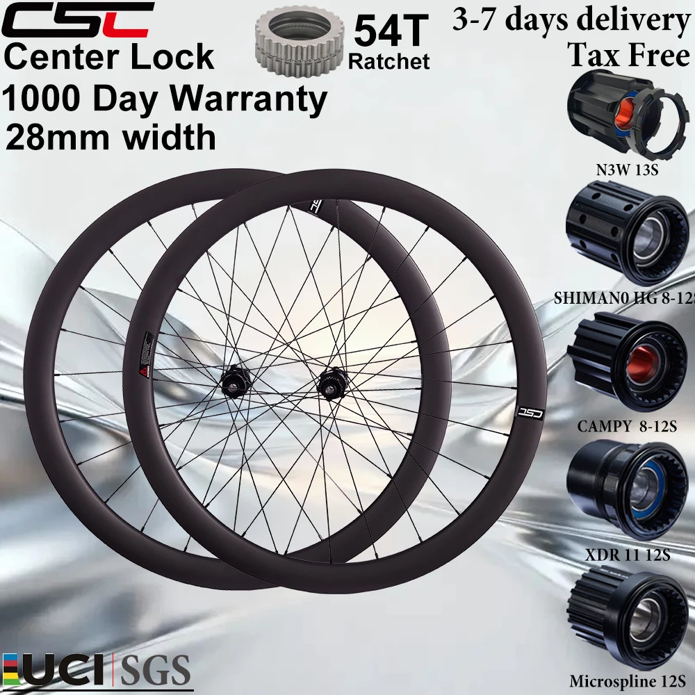 Roues de vélo de gravier en carbone CSC UCI 700C, moyeu à cliquet Center Lock 54T, profondeur 35/38/45/50/58 mm, largeur 28 mm, 1290 g, jeu de roues de route en carbone