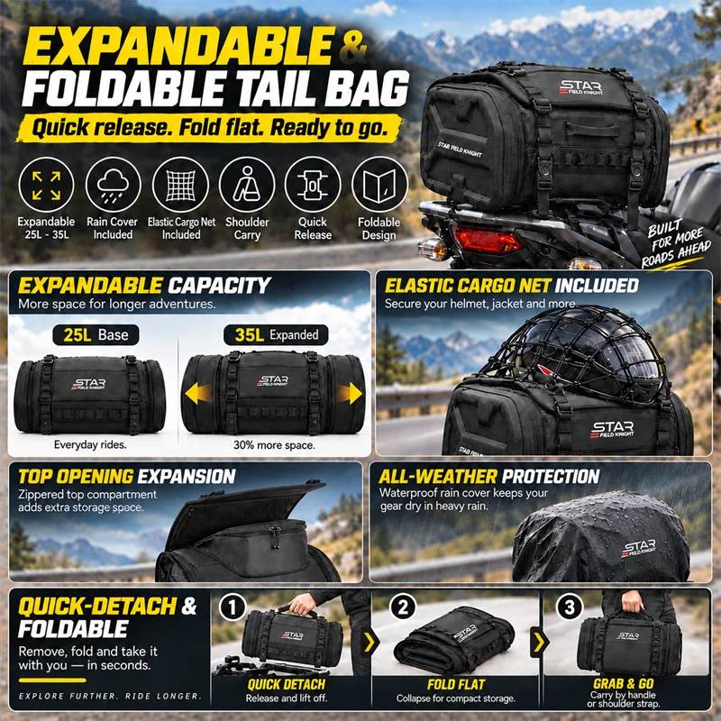 Motorcycle Bag 25L-35L Scalable Rear Seat Pack Multifunctional Crossbody Bag Foldable Storage Outdoor Riding Equipment Package