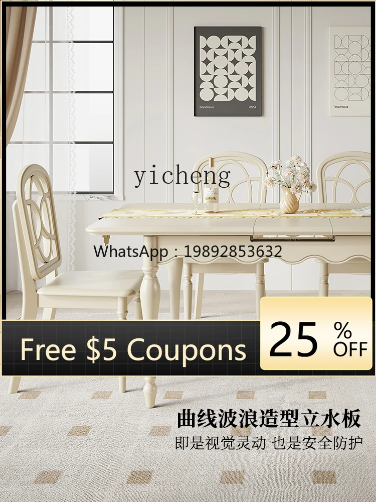 

Solid Wood White Retractable Rectangular Dining Tables and Chairs Set Cream Style Small Apartment Home Dining Table