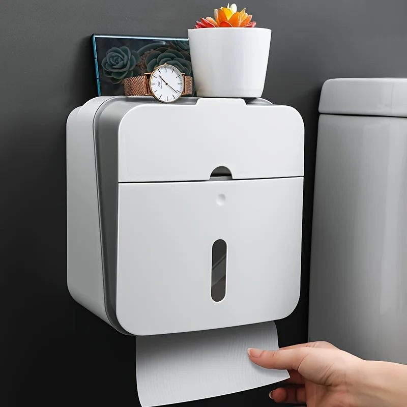 

Wall-Mounted Toilet Tissue Holder, Bathroom Paper Dispenser With Shelf, Waterproof Plastic Roll Box, No-Drill Installa