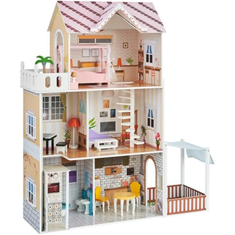 

Wooden Dollhouse, 7 Rooms Modern Doll House Playset for Kids, DIY Pretend with 3 Levels, 7 Play Areas, and 15 PCS Furniture Acce