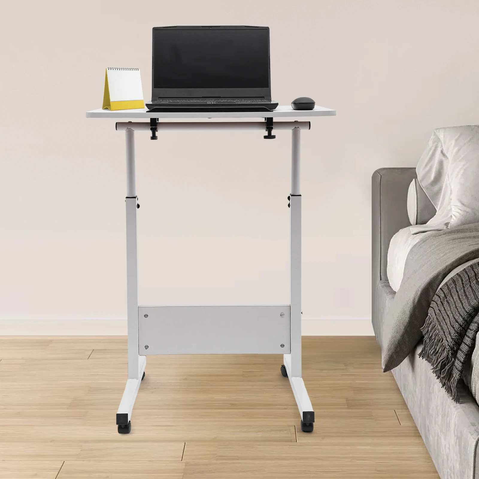 

White MDF Carbon Steel 61x41cm Stand-up Computer Desk Height Adjustable Mobile Desk Wheeled Office Lifting Table