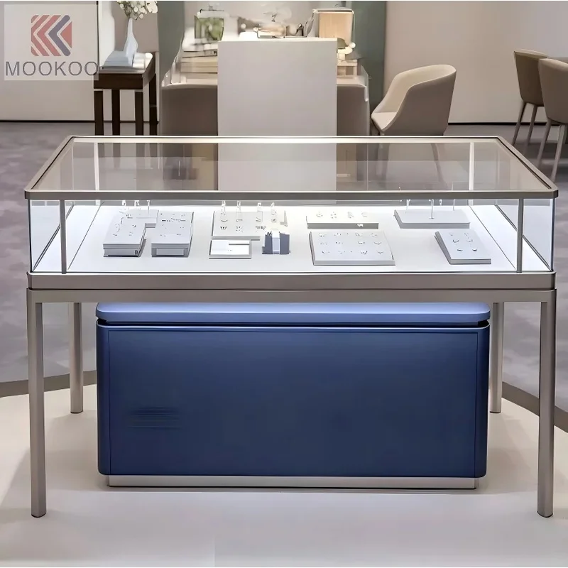 custom.Minimalist Stainless Steel Frame Jewelry Display Counter, Tempered Glass Top Showcase With Leather Storage Cabinet
