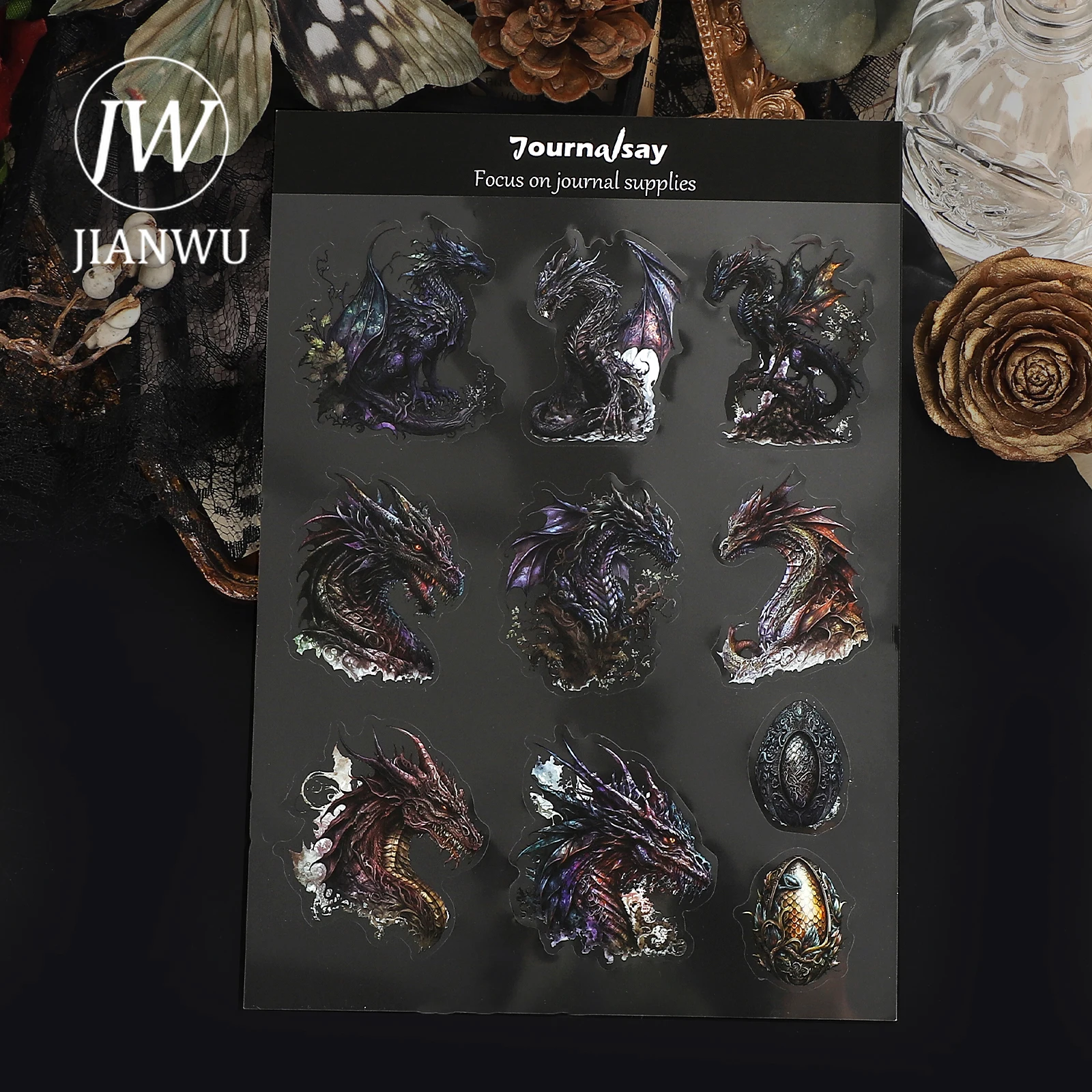 JIANWU 2 Lembar Stiker Hewan Peliharaan Kolase Bahan Pemandangan Telur Naga Gelap Gotik Antik Alat Tulis Buku Tempel Jurnal DIY Kreatif