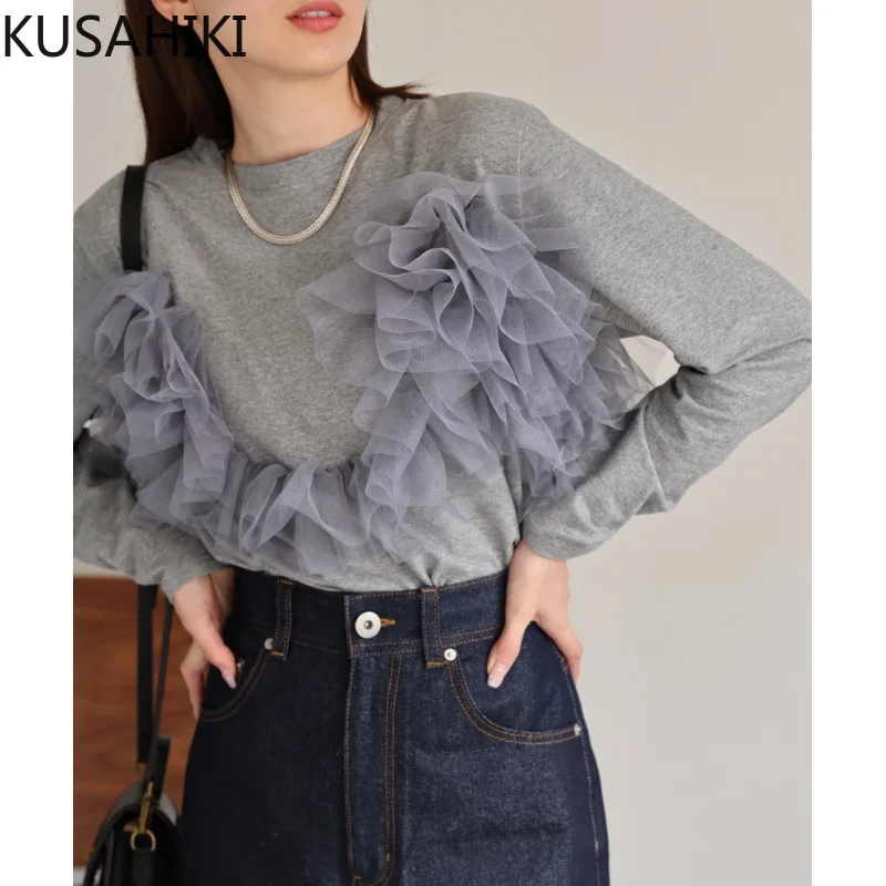 KUSAHIKI 2024 New Autumn Winter Mesh Splicing Women\'s Long Sleeved T-shirt Causal Base Pullover Round Neck Tee Top