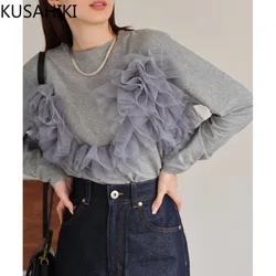 KUSAHIKI 2024 New Autumn Winter Mesh Splicing Women's Long Sleeved T-shirt Causal Base Pullover Round Neck Tee Top