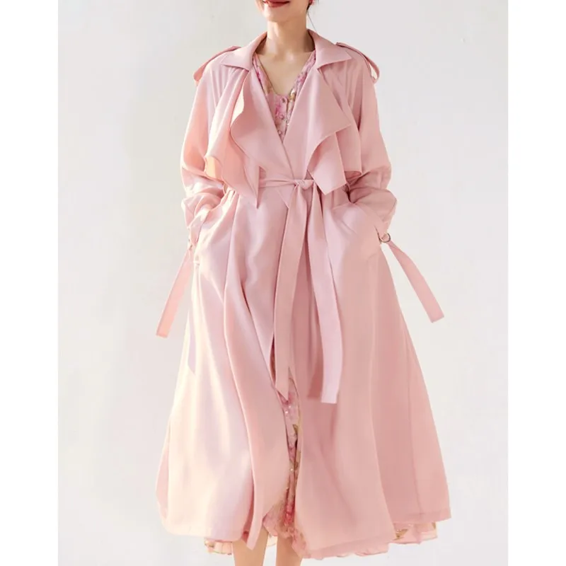 

Pink Beautiful Mid-Length Thin Draping Effect Trench Coat Women's New