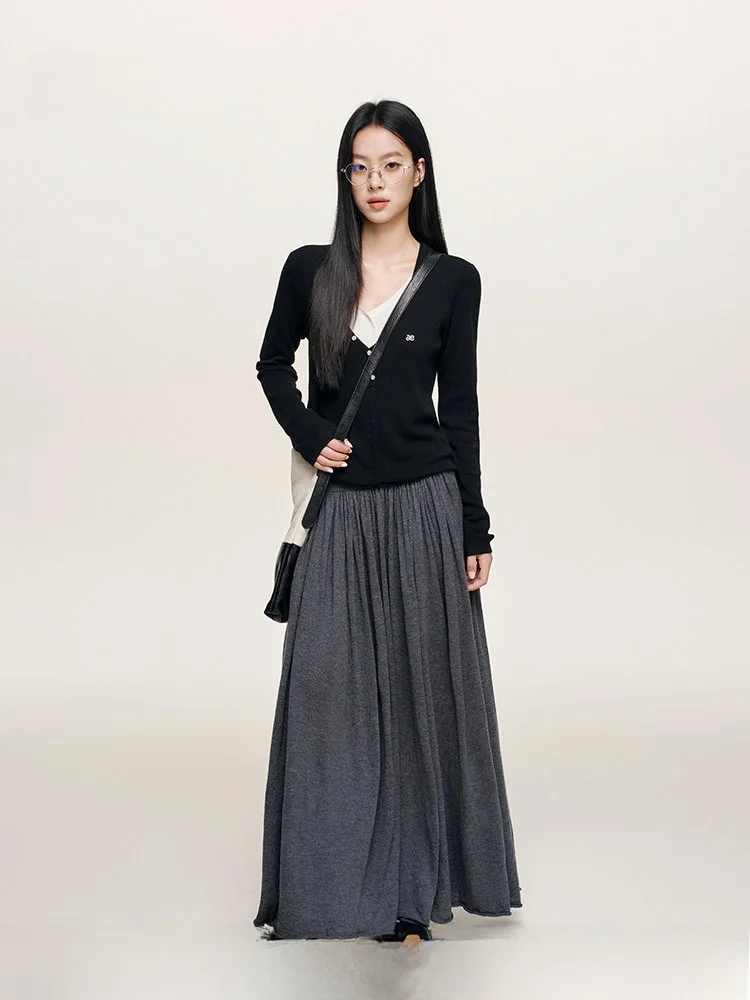 

Liilou Silken Wool A-Line Midi Skirt Loose Waist Wide Waistband Draping Long Half Skirt Women's Casual Pure Color Commute Style