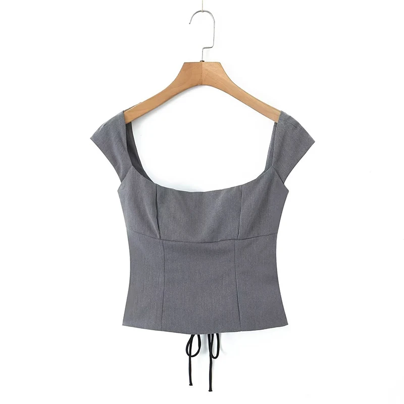 Top Short Sleeve Square Neck Ladies Sexy Chic Tops Y2K Women Lace Up Bandage Back Gray Crop