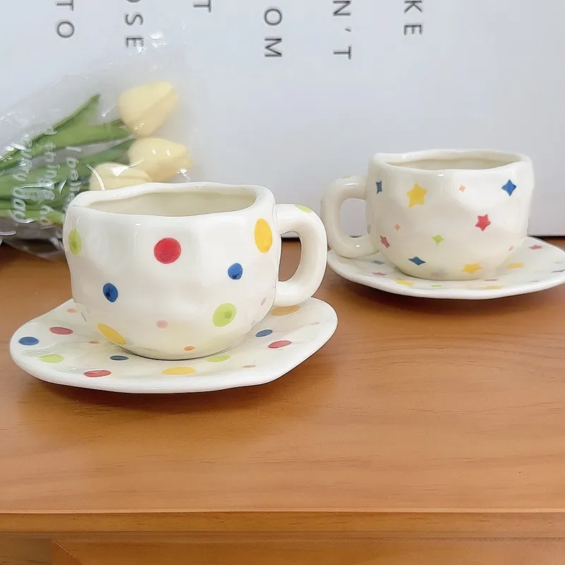 Stars Polka Dots Coffee Cup Dish Set 2026 New 250ml High Aesthetic Handle Ceramic Mugs for Women Afternoon Tea Dessert Dish