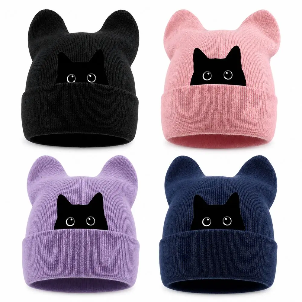 Fashion Knit Cat Ear Beanie Hat Y2K Harajuku Stretchable Winter Knit Hat Punk Gothic Pullover Hat Women