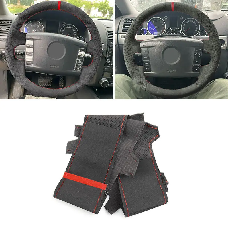 For VW Touareg Phaeton 2002-2010 (4-Spoke) Hand-stitched Suede Perforated Leather Car Steering Wheel Cover Trim Accessories
