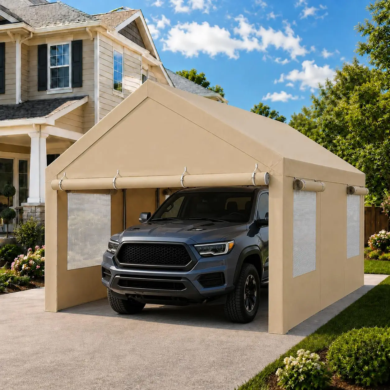 12x20 Heavy Duty Carport, Portable Garage for Truck SUV, Khaki