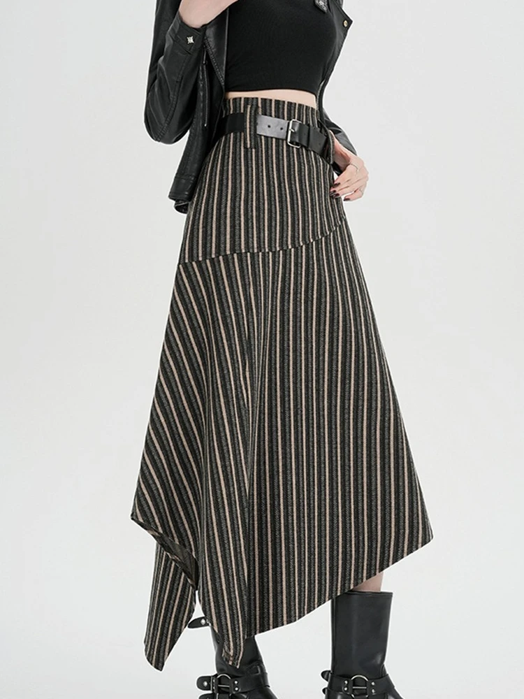 Onregelmatige retro gestreepte wollen rok voor dames in herfst en winter, modieus temperament, A-lijn halve rok met hoge taille