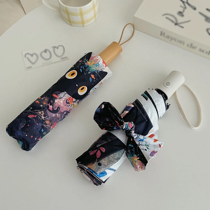 Cute Cartoon Fish and Cat Folding Umbrella Sun Protection Rain-proof UV Protection Umbrella Fully Automatic Sun Umbrella