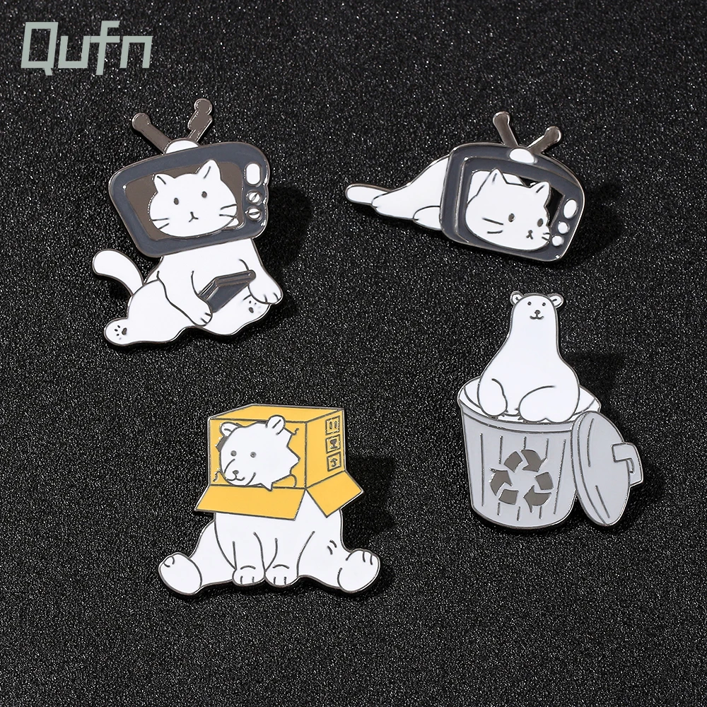 Cartoon Cute Animal Brooch Bear Trash Can Lovely Cat Enamel Pins Badge Lapel Collar Fashion Woman Jewelry Accessories Gifts