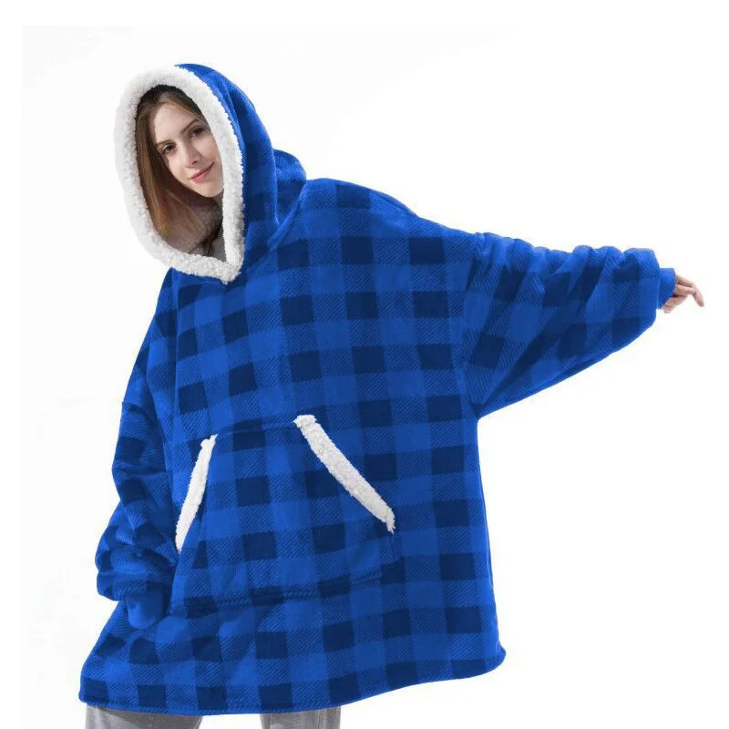 

Winter autumn Oversize Hoodie Blanket With Sleeves Sweatshirt Plaid Winter Fleece Hood Women Pocket Female TV Blanket