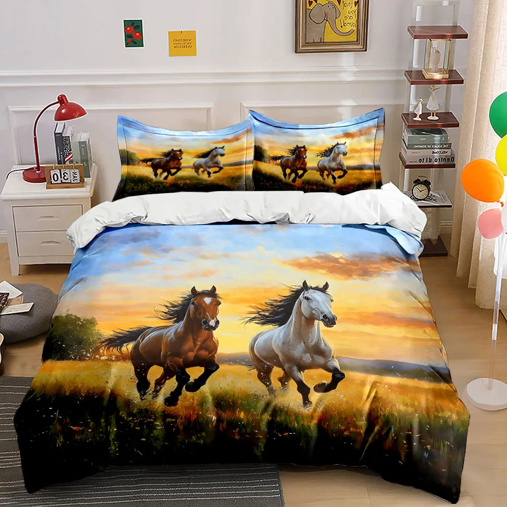 Galloping horses running in sunset meadow Print Bedding set 3PC 1 duvet cover 2 pillowcases adult and children bedding set
