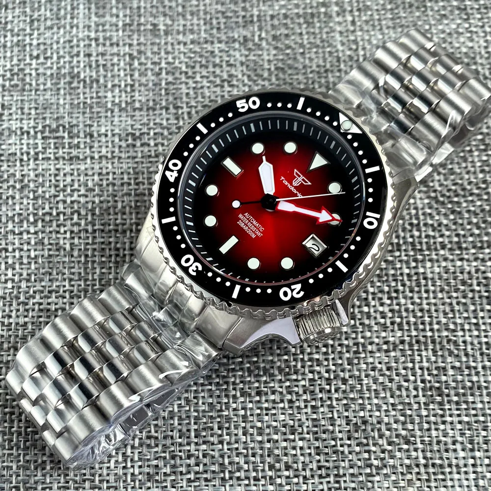 Tandorio sunburst vermelho nh35a relógio mecânico mergulhador masculino skx modelo 3.8 coroa nh35 movt 120 cliques moldura 200m relógio à prova