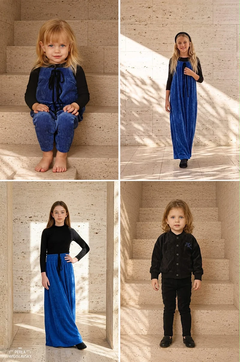 Herbst-Winter Blaues Chenille-Kinderbekleidungsset für Jungen und Mädchen Geschwister-Outfits Modische Kinderkleidung – Detail 7