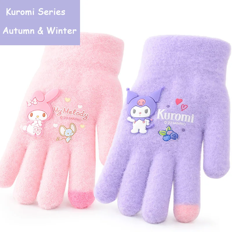 Kawaii Kuromi Children Gloves Winter Warm Girls Babys Five Fingers Plush Gloves Sanrio Cute My Melody Touch Screen Kindergarten