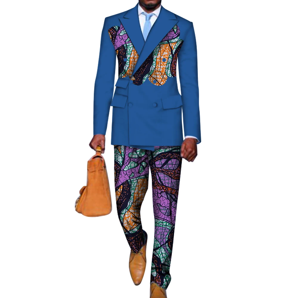 2 Pieces set Blazer and Pants Mens African Clothing Ankara Clothes Bazin Riche African Wax Print Top Suits and Pants Sets WYN740