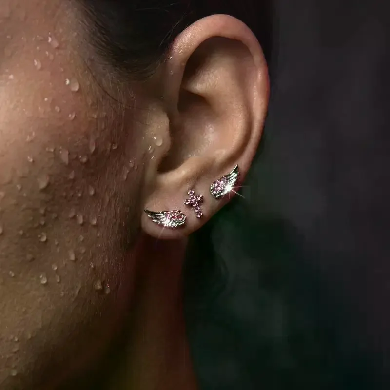 3/4Pcs Vintage Punk Pink Zircon Wing Cross Star Earrings Set Minimalist Ear Piercing Ear Cartilage Piercing Jewelry Accessories