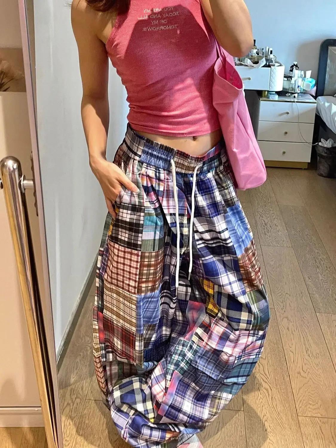 New design sense niche American retro color checkered wide-leg pants women's versatile checkered floor-length pants
