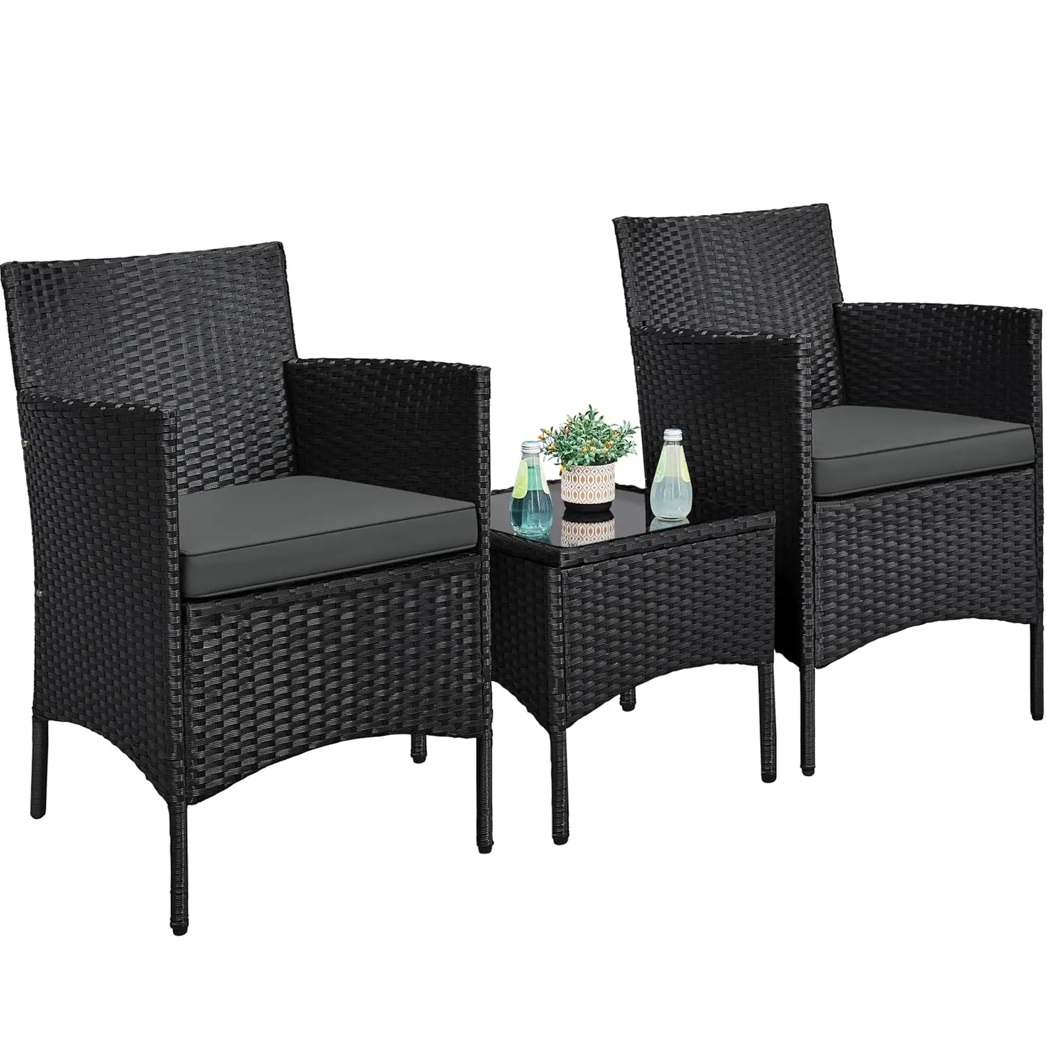 

3 Piece PE Rattan Patio Conversation Set with Cushions Glass Table 2 Chairs Garden Deck Poolside Customized