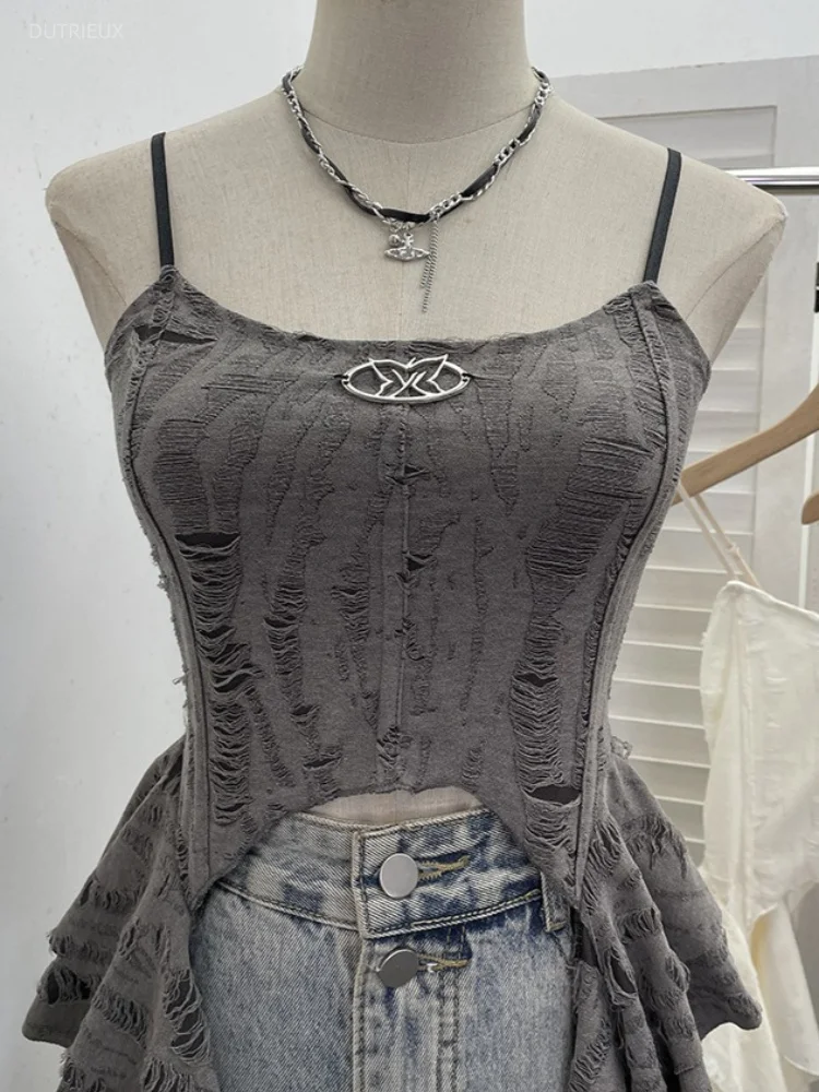 Ruin Core Hole U Neck Spaghetti Strap Short Sleeveless Irregular Ribbon Tanks