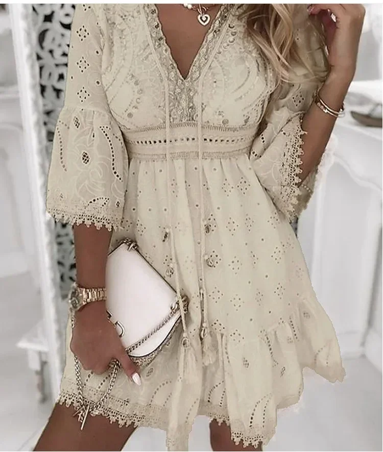 Hollow Out Summer Dress for Women Female V Neck Long Sleeve White Dresses Loose Solid Casual Women Beach Holiday Dress Vestidos