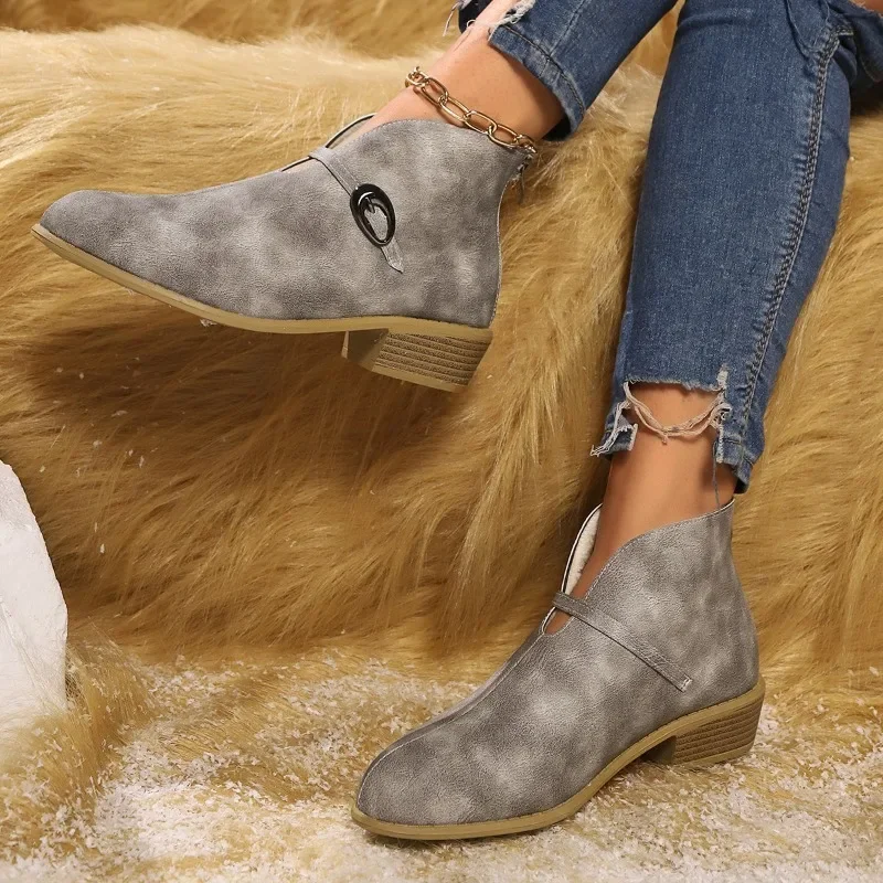 Bottes de rinçage à neige mi-talons pour femmes, peluche courte, chaussures chaudes, marque décontractée d'hiver, bottines en cuir, escarpins gothiques, 2025