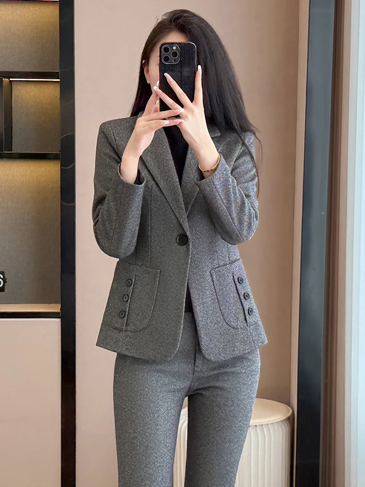 Deep Grey Women's Suit Set Commute Professional Style Autumn 2026 New High End Fashion Elegant Workwear Polyester Fiber