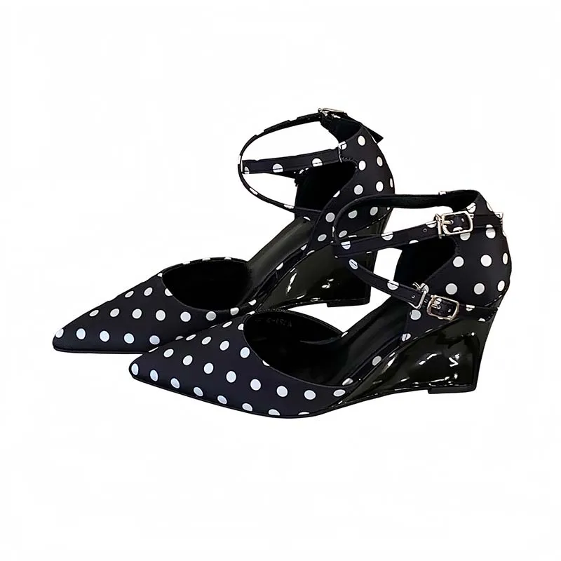 

Red Heels Woman Polka Dots Pumps 8cm Wedges Shoes White Narrowband Cross Buckle High Heels Black Ladies Dress Shoes