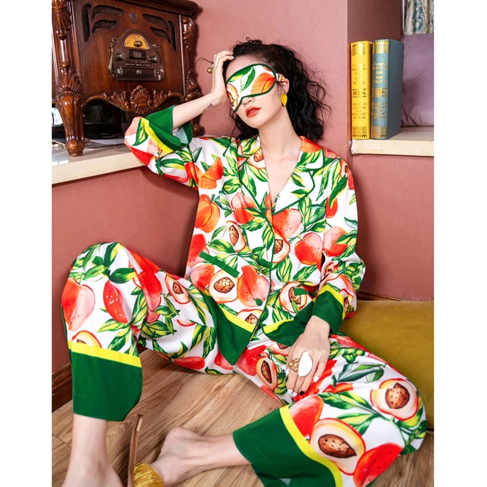 2024 Spring Autumn Turn-down Collar Tropical Printed Silk Satin Pajamas Set Sleepwear Loungewear for Women Pyjama Femme 2 Pieces