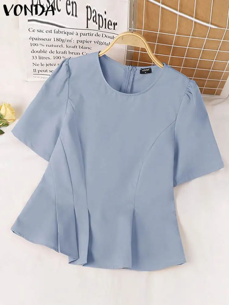 VONDA Women Elegant Shirts 2024 Fashion Blouse Summer Short Puff Sleeve Tops Casual Round Neck Pleated Tunic Blusas Femininas